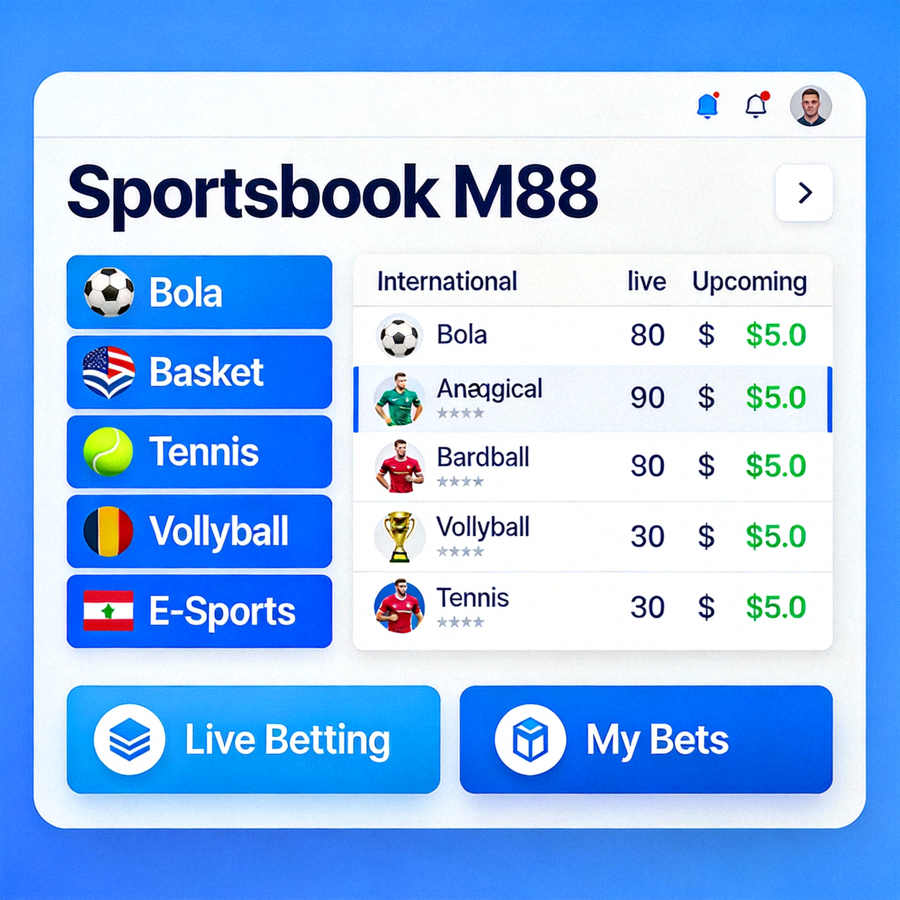 Tampilan antarmuka sportsbook M88 dengan berbagai pilihan taruhan olahraga internasional
